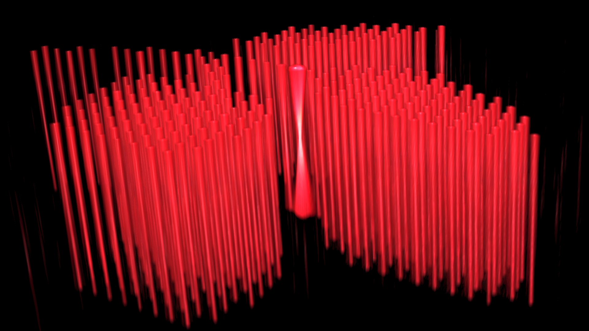 Experimentally captured z-stack of a Bessel beam array. Dense needle-like intensity profiles maintain a constant cross-section over the full depth, while the zero-order beam at the center diverges like an ordinary focusing beam.